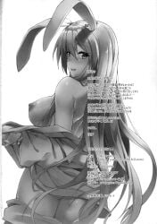 absurdres alternate_costume animal_ears areolae ass awa_yume back bangs bare_shoulders blouse blush breasts bunny_ears eyebrows_visible_through_hair eyes_visible_through_hair female female from_behind greyscale hair_between_eyes hands_up highres large_breasts long_hair long_sleeves looking_at_viewer looking_back monochrome nipples non-web_source official_alternate_costume open_clothes open_mouth open_shirt puffy_long_sleeves puffy_sleeves rabbit_ears reisen_udongein_inaba shirt simple_background solo standing touhou translation_request