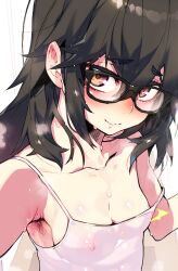 1girls armpit_hair bangs black-framed_eyewear blush breasts brown_eyes eyebrows_visible_through_hair female female_only glasses jimiko long_hair medium_breasts messy_hair mg_no29 nipple_slip nipples nose_blush off_shoulder original small_breasts smile solo steam sweat tank_top thick_eyebrows upper_body wavy_mouth