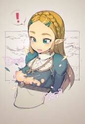 2020 blonde_hair breasts breath_of_the_wild crown_braid elf_ears exclamation_point female green_eyes hairclips long_blonde_hair long_hair looking_down mg_no29 namaniku_atk nintendo nipples princess_zelda small_breasts solo speech_bubble spoken_exclamation_point surprised teenager the_legend_of_zelda the_legend_of_zelda:_breath_of_the_wild thick_eyebrows torn_clothes wardrobe_malfunction young zelda_(breath_of_the_wild)