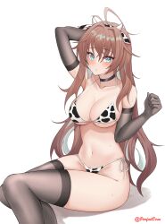 1girls absurdres animal_ears animal_print antenna_hair arm_up armpits azur_lane bare_shoulders bikini black_choker black_gloves blue_eyes breasts brown_hair brown_legwear choker cleavage collarbone cow_ears cow_horns cow_print elbow_gloves fake_animal_ears fake_horns female gloves halterneck hand_up highres horns impero_(azur_lane) light-skinned_female light_skin long_hair looking_at_viewer medium_breasts navel parfait_ehmy sardegna_empire_(azur_lane) side-tie_bikini simple_background sitting solo stomach string_bikini sweat swimsuit thighhighs thighs very_long_hair white_background white_bikini