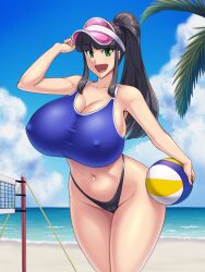 1girls ball beach beachball bikini black_hair breasts cameltoe cleavage covered_nipples enormous_breasts female huge_breasts kawanuma_uotsuri long_hair massive_breasts navel ocean open_mouth original original_character ponytail saionji_natsu solo swimsuit tagme thunder_thighs visor_cap voluptuous