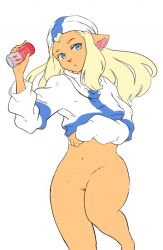 bare_thighs bottomless clothing drink edit energy_drink female finland holding holding_drink holding_object long_sleeves mimmi_(finland_lion) no_panties partially_clothed pussy shirt shirt_lift shirt_up solo tagme