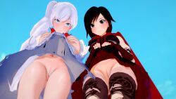 3d effineffer embarrassed female flashing flashing_pussy looking_at_viewer no_panties pussy ruby_rose rwby skirt_lift weiss_schnee