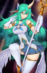 1girls big_breasts breasts female female_only gloves green_eyes green_hair horn large_breasts league_of_legends lindaroze long_hair on_one_leg pale-skinned_female pale_skin pointy_ears skirt solo soraka staff standing star_guardian_series star_guardian_soraka thighhighs weapon
