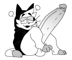 anthro big_penis boatboots bottomless clothed clothing cute_fangs domestic_cat eyewear felid feline felis genitals glasses hoodie huge_cock hyper hyper_genitalia hyper_penis jinu_(character) long_penis looking_at_viewer male mammal monochrome open_mouth partially_clothed penis reclining sailewder solo topwear