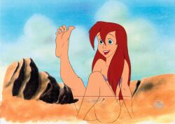 ariel bottomless disney disney_princess leg leg_up legs official_art red_hair rocks rough_sketch seashell_bra storyboard the_little_mermaid