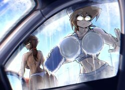 2girls albry_(zzzhodazzz) big_breasts breasts_on_glass car car_wash kyurby_(zzzhodazzz) multiple_girls original tagme zzzhodazzz