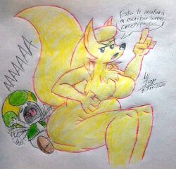 adrin_tr anthro chubby chubby_anthro furry larger_female loquendo loquendo_youtuber mario_(series) ninetales pokemon raccoonmugen redbromer redbromer_td rule_63 screaming smaller_male spanish_dialogue spanish_text speech_bubble tagme toad_(mario) translated yellow_fur