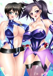 2girls alternate_breast_size big_breasts black_hair blush breasts dark_hair female female_only gloves green_eyes heart huge_breasts kasumi_(pokemon) kogawawaki large_breasts legs misty_(the_electric_tale_of_pikachu) multiple_girls one-piece_swimsuit pauline_(pokemon) pokeball pokemon pokemon_(manga) pokemon_reburst pokemon_rgby smile swimsuit the_electric_tale_of_pikachu thick thick_thighs thighhighs thighs