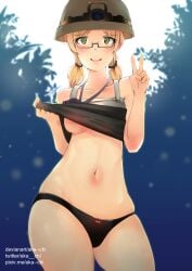 ak4ci black_panties blonde_hair blush female female_only glasses green_eyes hat headgear headwear helmet looking_at_viewer made_in_abyss no_bra panties riko_(made_in_abyss) shirt_lift small_breasts smile solo thick_thighs twintails underboob v whistle_around_neck wide_hips