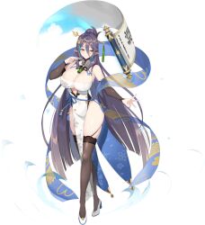 1girls aria_(epic7) cleavage curvy elf elf_ears epic7 female female_only hair_ornament heels huge_breasts long_hair official_art pointy_ears purple_hair solo thick_thighs yellow_eyes