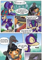 belt_collar bulge cloak clothing comic costume cyndaquil dialogue english_text grabbing group hi_res knife nintendo pokémon_(species) pokemon pokemon_(species) primal_(infycharmander) ryme_(totodice1) salazzle teddiursa text torn_clothing video_games voidtails