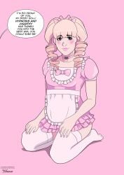 1boy blonde_hair chastity choker crossdressing crossdressing_male english english_text femboy feminization human human_only hypnosis kneeling maid_uniform malesub no_visible_genitalia pink_horizons sissification sissy speech_bubble submissive submissive_male text