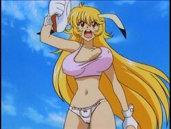 animal_ears blonde_hair gloves long_hair mimika monster_girl nipple_bulge no_bra panties screenshot unaligned_breasts usagi-chan_de_cue