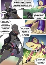 all_fours belt_collar cloak clothing coin_purse comic costume cyndaquil dialogue duo english_text female genitals hi_res knife lightning nintendo plant pokémon_(species) pokemon pokemon_(species) primal_(infycharmander) pussy ryme_(totodice1) salazzle shrub text tree video_games voidtails