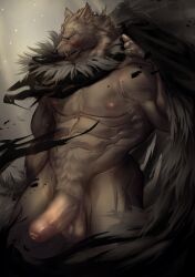 anthro blaidd_(elden_ring) canid canine canis cape cape_only clothing elden_ring erection fangs fenwick_art foreskin fromsoftware genitals hi_res humanoid_genitalia humanoid_penis male male_only mammal mostly_nude muscular muscular_anthro muscular_male penis scar solo video_games wolf