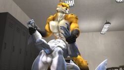 3d_(artwork) abs anthro balls barely_visible_genitalia barely_visible_penis bench black_sclera canid canine digital_media_(artwork) duo erection facesitting fin fish fox genitals hammerhead_(petruz) hi_res locker_room looking_at_another looking_back male male/male mammal marine muscular muscular_male nails nude pecs penis petruz_(copyright) red_eyes shark source_filmmaker wolf_(petruz)