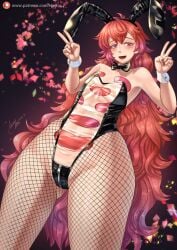 2022 ambiguous_gender androgynous blush bowtie bunny_ears bunnysuit detailed_background gem hertro houseki_no_kuni humanoid land_of_the_lustrous leotard light_skin long_hair padparadscha_(land_of_the_lustrous) pantyhose peace_sign red_eyes red_hair red_mouth red_nails signature translucent_clothing transparent_bunnysuit very_long_hair wristwear