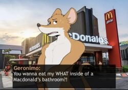 artist_request brown_fur dialogue_box drive_thru english_dialogue english_text furry game_cg geronimo_stilton geronimo_stilton_(series) ironic long_tail mcdonald's meme mouse mouse_humanoid source_request