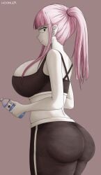 1girls 2023 artist_name ass ass_focus big_ass blossom_hope breasts female grey_eyes hime_cut huge_breasts large_breasts looking_at_viewer looking_back pink_hair ponytail sakura_kawakami simple_background smile solo thick_thighs tight_clothing water_bottle white_skin woomler yoga_pants