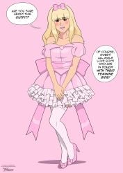 1boy blonde_hair crossdressing crossdressing_male embarrassed english english_text femboy feminine_male feminization human human_only nail_polish no_visible_genitalia pink_horizons sissy speech_bubble text thigh_highs