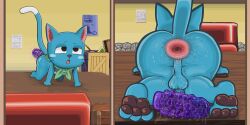 1boy 3_fingers 3_toes absurd_res after_masturbation anal_juice anal_juice_on_dildo anal_juice_string anal_juice_trail animal_ears anthro anthro_only anus ass backpack backsack balls big_anus big_ass blue_body blue_fur blue_penis bottom_heavy brown_nose brown_pawpads cat_ears cat_tail cobblestone comic couch crate detailed_background digital_media_(artwork) dildo dildo_in_ass dildo_penetration dildo_vibrator dipstick_tail domestic_cat dulone exceed fairy_tail feet feline fur furry furry_only gaping gaping_anus genitals girly happy_(fairy_tail) hi_res humanoid_genitalia humanoid_penis indoors long_tail male male_anthro male_only mammal motion_lines naked no_humans nude on_table pawpads paws penis perineum pink_anus poster_(object) presenting_anus presenting_ass puffy_anus rear_view sex_toy shortstack solo solo_male table tail taint two_tone_fur vibrator vibrator_in_ass white_fur wide_hips