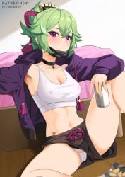 bedroom breasts cameltoe choker erect_nipples erect_nipples_under_clothes ett female female_only genshin_impact green_hair inazuma_girls jacket kuki_shinobu midriff navel ninja panties ponytail purple_eyes shorts spread_legs tank_top underwear white_panties