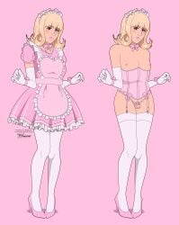 1boy absurd_res blonde_hair chastity chastity_cage corset crossdressing crossdressing_male elbow_gloves femboy feminization flat_chest high_heels maid maid_headdress maid_outfit maid_uniform pink_horizons pink_shoes sissy small_penis thighhighs