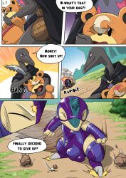 anthro bulge cloak clothing coin_purse comic costume cyndaquil dialogue duo_focus english_text fire grabbing group hi_res knife male nintendo plant pokémon_(species) pokemon pokemon_(species) primal_(infycharmander) rollout ryme_(totodice1) salazzle shrub solo_focus teddiursa text torn_clothing video_games voidtails