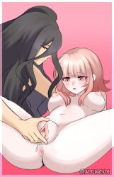 2girls alfwenx black_hair breasts completely_nude completely_nude_female danganronpa danganronpa_2:_goodbye_despair danganronpa_3 fingering izuru_kamukura large_breasts masturbation multiple_girls nanami_chiaki nude nude_female nude_male pink_eyes pink_hair pussy red_eyes spread_legs straight_hair