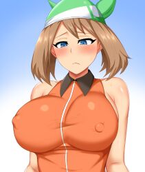 1girls 2022 alternate_breast_size bandana blue_eyes blush breasts brown_hair embarrassed erect_nipples erect_nipples_under_clothes female green_bandana hi_res huge_breasts long_hair may_(pokemon) may_(pokemon_emerald) murasame_(pixiv_38411450) nintendo nipples orange_clothing pokemon pokemon_rse simple_background sleeveless slim_waist