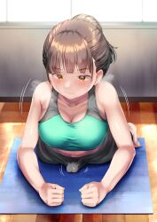 1futa ayanakitori bangs big_breasts big_penis blush breasts brown_hair clothed clothing dry_humping erection erection_under_clothes fully_clothed futa_only futanari heavy_breathing human intersex light-skinned_futa light_skin masturbation masturbation_through_clothing on_stomach penis penis_under_clothes prone rubbing rubbing_penis short_hair solo sport sports_bra sweat yellow_eyes
