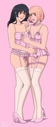 2boys blush chastity chastity_cage choker crossdressing femboy flat_chest garter_belt garter_straps high_heels parted_lips penis pink_background pink_clothing pink_horizons short_dress simple_background sissy small_breasts small_penis smile thigh_highs