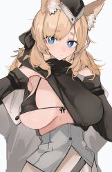 animal_ears arknights black_bow black_headwear blonde_hair blue_eyes bow breasts cape clothes_lift eyebrows_visible_through_hair female female front-tie_bra hairbow hat highres horse_ears large_breasts lifted_by_self long_hair micro_bra mikozin one_breast_out simple_background solo sweat sweater sweater_lift thick_eyebrows whislash_(arknights) white_background white_cape