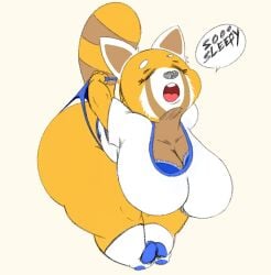 aggressive_retsuko ailurid anthro ass big_breasts big_butt bra breasts cleavage closed_eyes clothed clothing english_text female footwear huge_breasts huge_butt huge_thighs mammal markings multicolored_body neom-daddy open_mouth panties red_panda retsuko sanrio shirt smooth_skin socks solo speech_bubble striped_markings striped_tail stripes tail_markings text thick_thighs topwear underwear