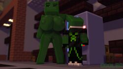 1boy 1girls 3d adult big_breasts city clothed_male_nude_female commission erect_nipples female goolba goolbabe green_body green_eyes green_skin looking_at_partner looking_down male mine-imator minecraft nude_female outside public public_nudity pussy slime_boy slime_girl tagme