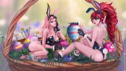 bangs black_hair boots bunny_ears bunnysuit easter fur-trimmed_boots fur-trimmed_gloves gloves green_eyes high_ponytail janicegubani long_hair long_legs looking_at_viewer neo_(rwby) pink_hair playboy_bunny ponytail pyrrha_nikos red_hair rwby shiny_hair shiny_skin sidelocks two-tone_hair