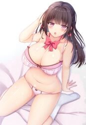 :o arm_support bangs bed_sheet black_hair blunt_bangs blush bow bow_panties bra breasts cleavage comiket_99 commentary_request eyebrows_visible_through_hair female hair_ribbon hand_in_own_hair highres huge_breasts lace-trimmed_bra lace_trim long_hair looking_at_viewer nao_(naobinarydigit) navel open_mouth original panties purple_eyes ribbon sitting socks solo stomach underwear underwear_only wariza white_legwear