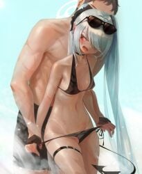 1boy ach_(zjakskwdf) bare_shoulders bikini bikini_pull black_bikini blue_archive blush breasts choker clothes_pull cowboy_shot demon_tail eyewear_on_head female gehenna_academy_student gloves hair_over_one_eye highres iori_(blue_archive) iori_(swimsuit)_(blue_archive) long_hair looking_back male medium_breasts navel open_mouth prefect_team_(blue_archive) red_eyes sensei_(blue_archive) side-tie_bikini silver_hair standing straight sunglasses swimsuit tail tan tanlines undressing very_long_hair wet