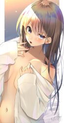 bangs blush breasts brown_hair chita_(ketchup) collarbone eyebrows_visible_through_hair female female grey_eyes hair_between_eyes half-closed_eye hands_up highres long_hair long_sleeves looking_at_viewer naked_shirt navel off_shoulder open_clothes open_mouth open_shirt original shirt signature sleeves_past_wrists small_breasts solo uneven_eyes v-shaped_eyebrows very_long_hair