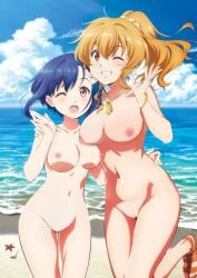 beach big_breasts blonde_hair blue_hair bokutachi_no_remake edit edited female kogure_nanako medium_breasts nipples nude pink_eyes pussy red_eyes shino_aki smile