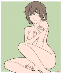 amane_suzuha bare_hips bare_legs bare_shoulders between_legs braid breast_hold breasts brown_hair eldocrates female hand_between_legs highres holding_own_arm looking_to_the_side nipples nude outline shoulder_blades simple_background solo steins;gate thighs yellow_eyes