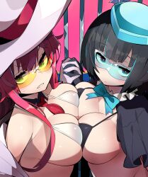 2girls absurdres bangs bikini black_bikini black_gloves black_hair blue-tinted_eyewear blue_hair blush bow bowtie breast_press breasts capelet clenched_teeth detached_collar duel_monster embarrassed evil_twin_ki-sikil evil_twin_lil-la eyebrows_visible_through_hair female female_only gloves green_eyes highres holding_hands interlocked_fingers ki-sikil_(yu-gi-oh!) kometsubu large_breasts lil-la_(yu-gi-oh!) long_hair looking_at_viewer multiple_girls necktie open_clothes orange-tinted_eyewear red_hair short_hair shounen_jump sunglasses sweatdrop swimsuit symmetrical_docking tinted_eyewear white_bikini white_gloves witch_hat yellow-tinted_eyewear yu-gi-oh!