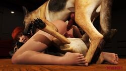 1girls 2boys 2dogs anal anal_sex ass_up brown_eyes canine canine_penis double_penetration driigon feet female office red_hair vaginal_penetration zoophilia