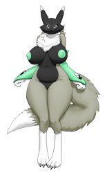 absurd_res alternate_color anthro areola bandai_namco big_breasts biped black_sclera breasts digimon digimon_(species) female genitals glowing glowing_eyes hi_res huge_breasts huge_thighs legs_together looking_at_viewer navel nipples nude pussy realius renamon simple_background slightly_chubby solo thick_thighs white_eyes