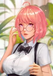 adjusting_glasses areeya18 artist_name blurry_background bow dripping glasses looking_at_viewer medium_breasts pink_hair plant purple_eyes sae_(vtuber) slime slime_girl slime_hair solo_female virtual_youtuber