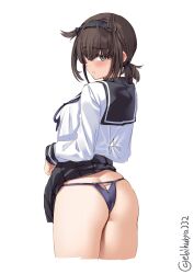 alternate_costume ass ass_cleavage black_hairband black_skirt brown_hair butt_crack clothes_lift cowboy_shot ebifurya female hair_flaps hairband hatsuzuki_(kantai_collection) highres kantai_collection looking_at_viewer looking_back neckerchief panties pleated_skirt sailor_collar school_uniform serafuku short_hair skirt skirt_lift solo twitter_username underwear white_background yellow_eyes