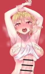 1futa amaguri_aniko areolae armpits arms_above_head arms_up big_breasts blonde_hair blush body_writing bottomless breasts censored clothed clothing erection erection_under_clothes futa_only futamrpw futanari huge_cock human light-skinned_futanari light_skin looking_at_viewer mostly_nude nipples open_mouth penis precum_through_clothing red_background red_eyes short_hair solo text