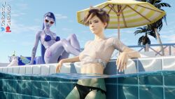 2girls 3d abs areolae bikini blender breasts brown_hair calibrator erect_nipples erect_nipples_under_clothes female female_only freckles long_hair nipples overwatch palm_tree pool poolside purple_hair purple_skin short_hair sunglasses swimsuit tattoo tattoos tracer very_long_hair wet wet_clothes wet_skin widowmaker yellow_eyes