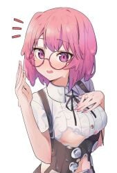 1girls belly_button dress dripping eyebrows_visible_through_hair female_focus glasses hand_on_breast hand_up highres looking_at_viewer medium_breasts melting_clothes midriff open_mouth pink_hair sae_(vtuber) short_hair slime slime_girl solo_female virtual_youtuber